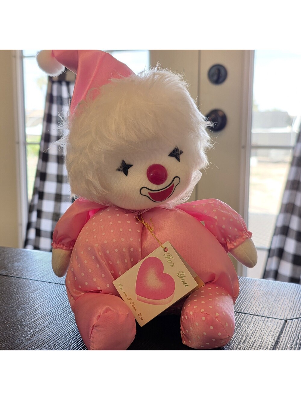 Vtg POTER Musical Wind Up Clown Doll Moving Head Pink With Polka Dots With Tags